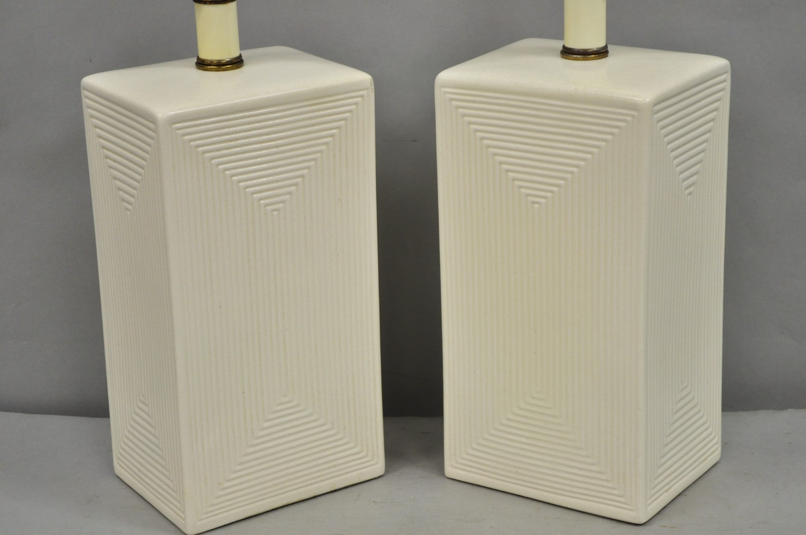 Vintage Mid Century Modern White Geometric Ceramic Cubist Table Lamps - a Pair