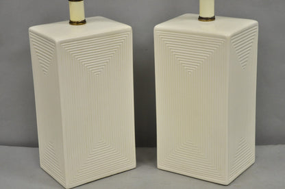 Vintage Mid Century Modern White Geometric Ceramic Cubist Table Lamps - a Pair