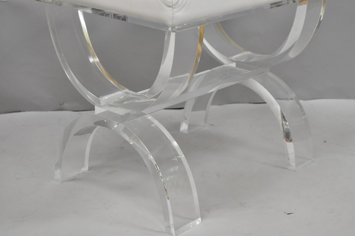 Contemporary Modern Lucite Acrylic X-Form White Vanity Bench Stool Seat