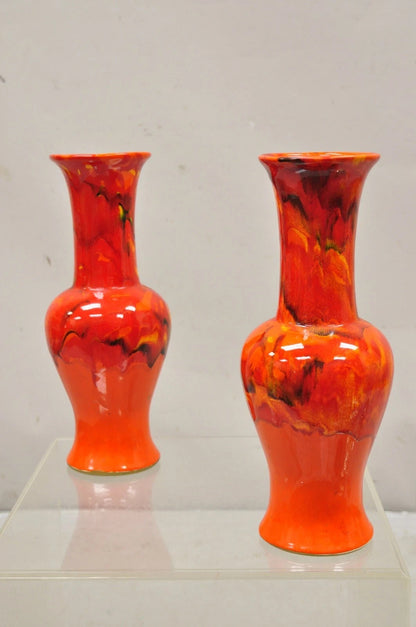 Vintage Red Lava Drip Glazed Mid Century Modern Ceramic Pottery Vessel Vase Pair