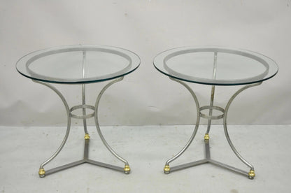 Italian Neoclassical Maison Jansen Style Steel & Brass Round End Tables - a Pair