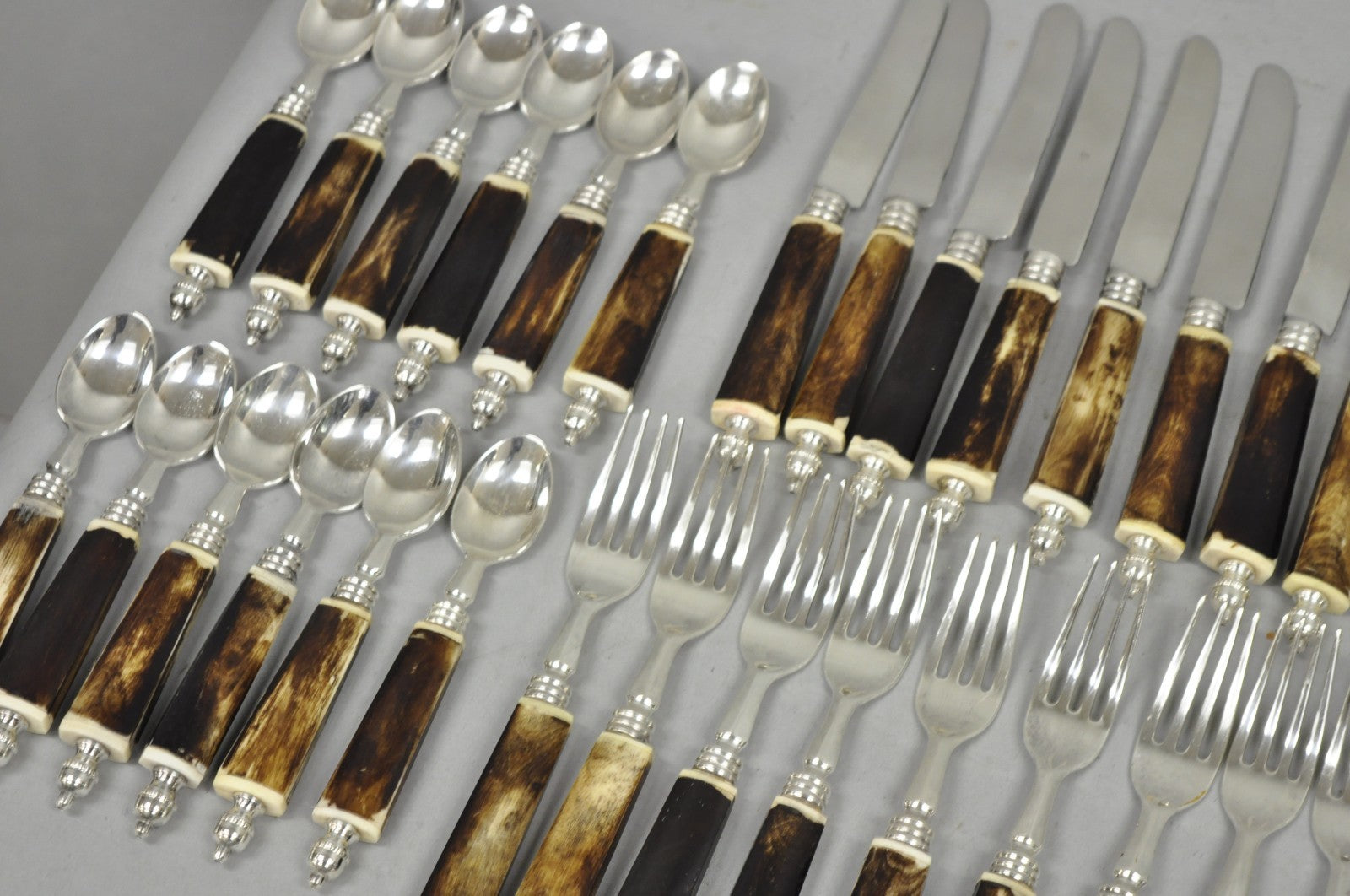 Vintage Hollywood Regency Faux Horn Handle Silver Flatware (5 pc) Set Svc for 12