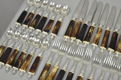 Vintage Hollywood Regency Faux Horn Handle Silver Flatware (5 pc) Set Svc for 12