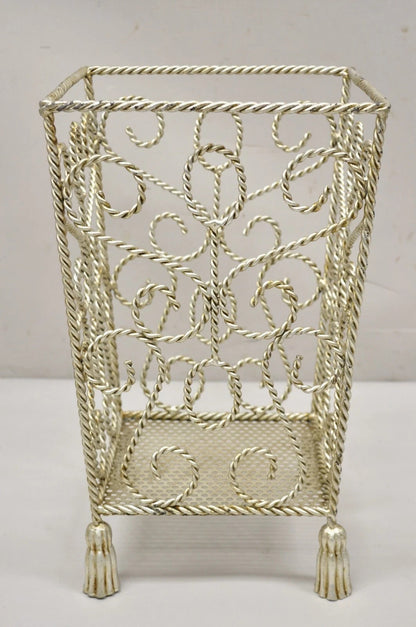 Vintage Italian Hollywood Regency Silver Iron Tassel Wastebasket Trashcan