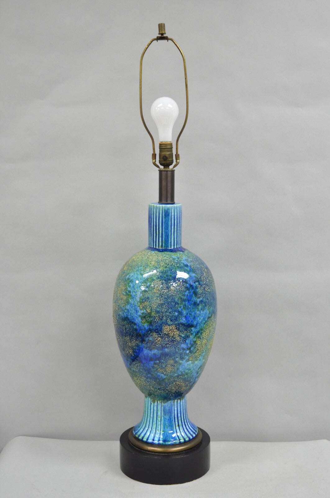 Vintage Mid Century Italian Modern Blue Glazed Ceramic Pottery Tall Table Lamp