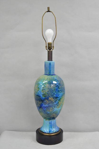 Vintage Mid Century Italian Modern Blue Glazed Ceramic Pottery Tall Table Lamp