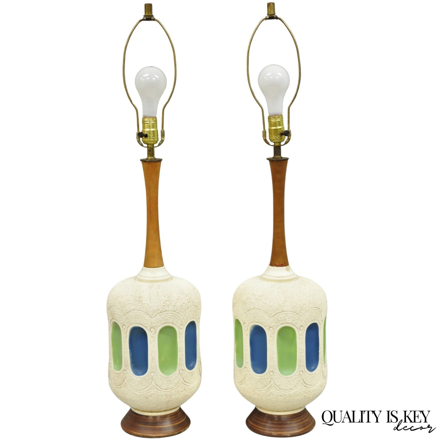 Vintage Mid Century Modern White Blue Ceramic Pottery Teak Table Lamps - a Pair