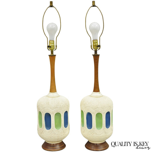 Vintage Mid Century Modern White Blue Ceramic Pottery Teak Table Lamps - a Pair