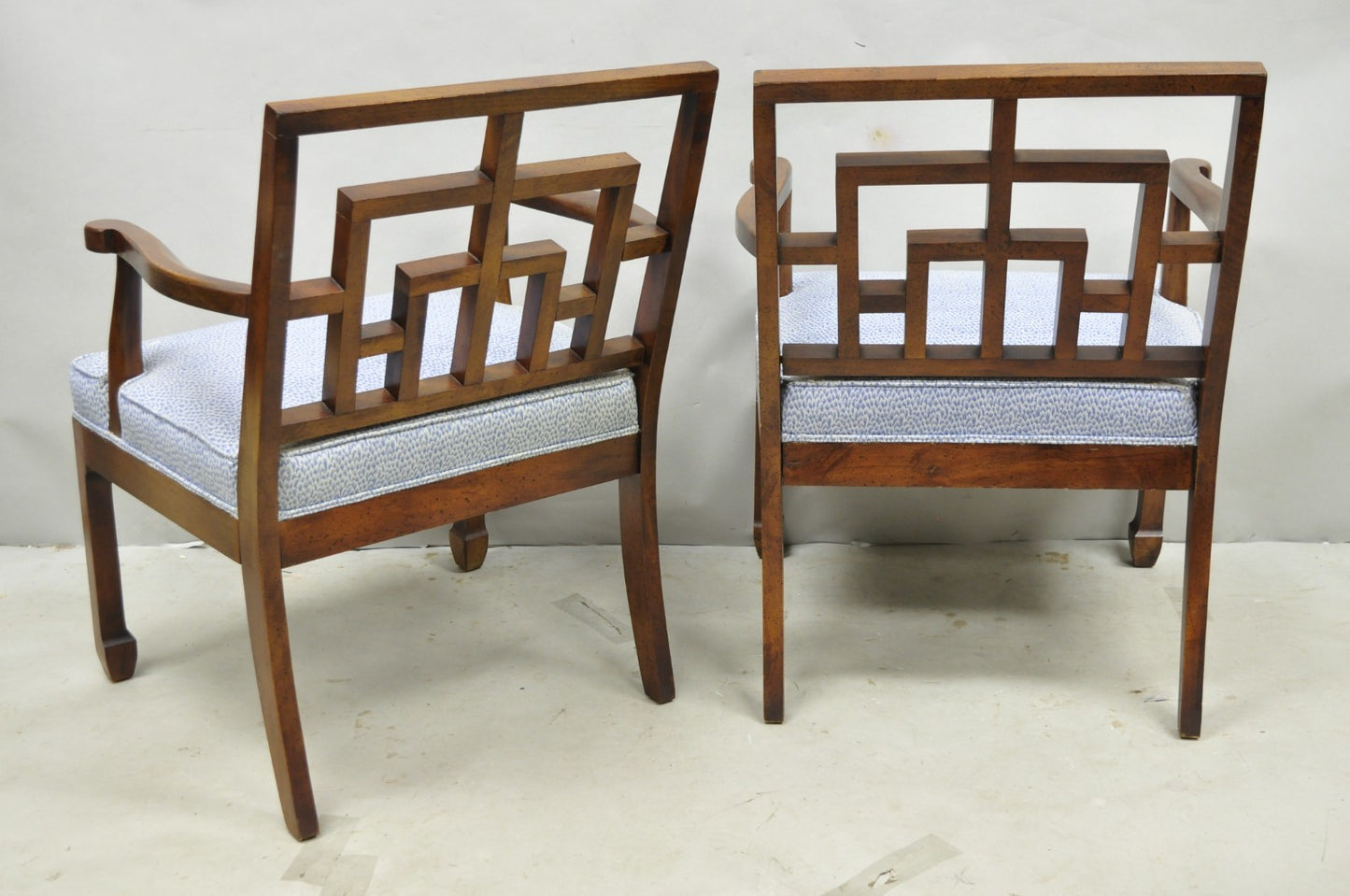Vintage Chinese Chippendale James Mont Style Fretwork Lounge Arm Chairs - a Pair