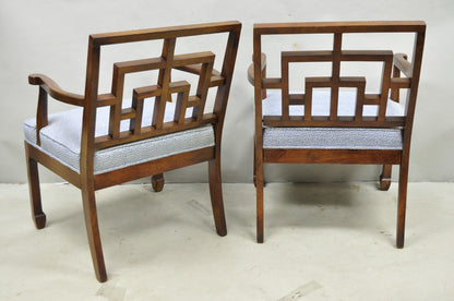 Vintage Chinese Chippendale James Mont Style Fretwork Lounge Arm Chairs - a Pair