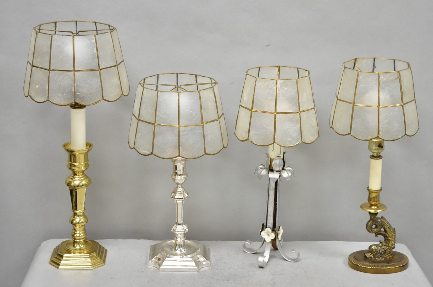 Vintage Italian Hollywood Regency Capiz Shell Gold 8.5" Round Clip On Lamp Shade