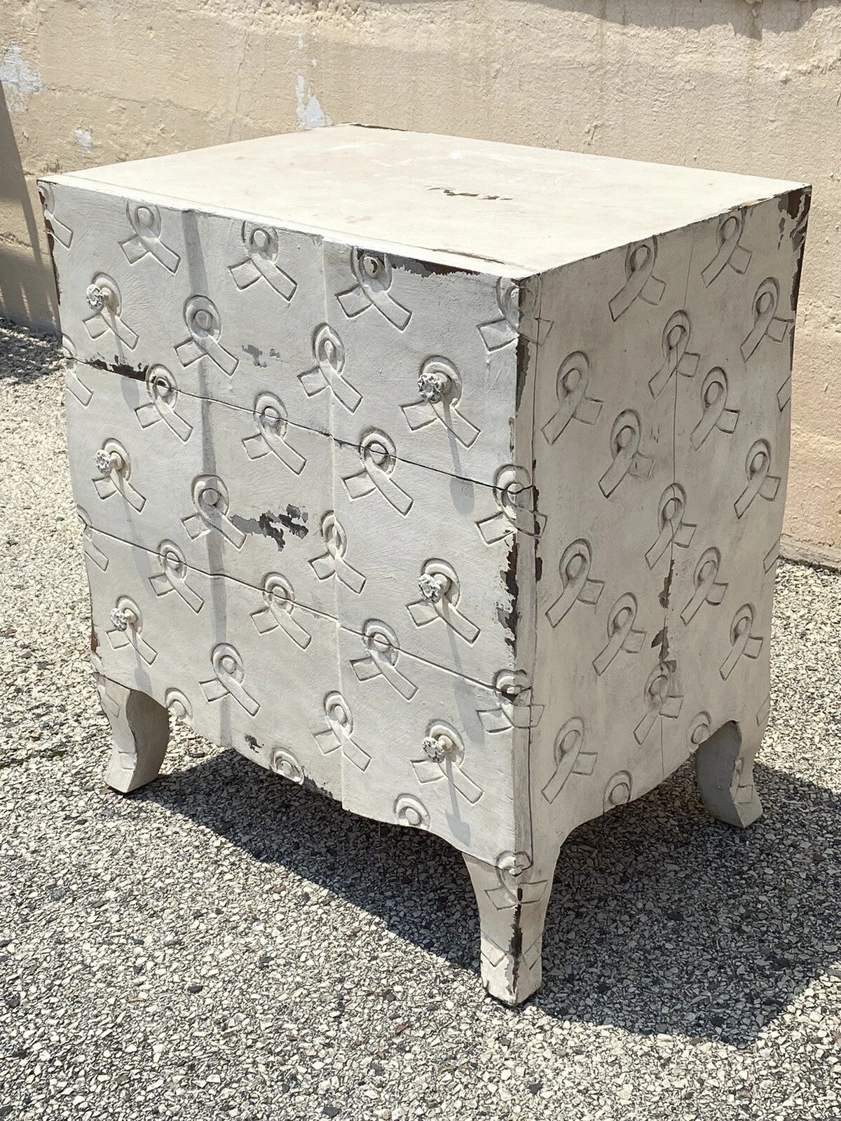 Breast Cancer Awareness Ribbon 3 Drawer White Carved Wood Chest Nightstand