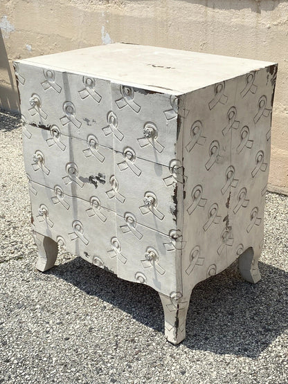 Breast Cancer Awareness Ribbon 3 Drawer White Carved Wood Chest Nightstand