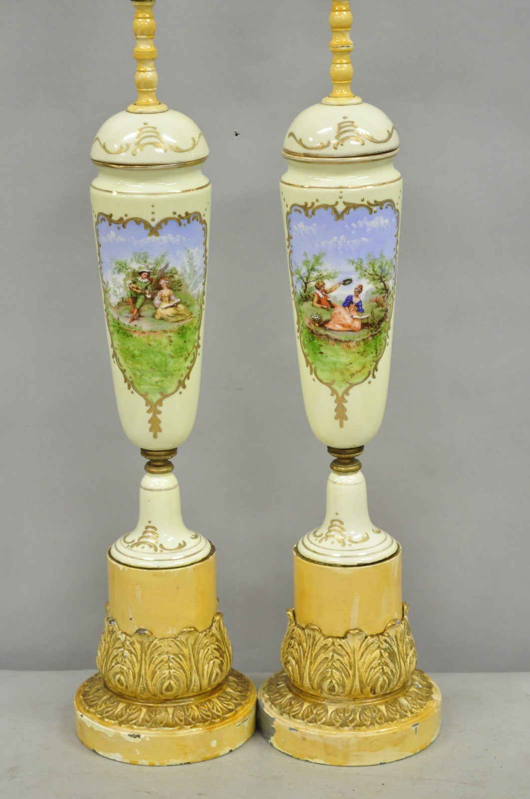 Antique French Renaissance Slender Porcelain Urn Hand Painted Table Lamps - Pair