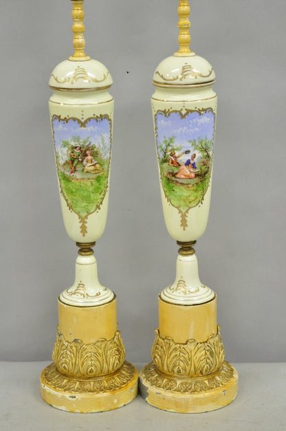 Antique French Renaissance Slender Porcelain Urn Hand Painted Table Lamps - Pair