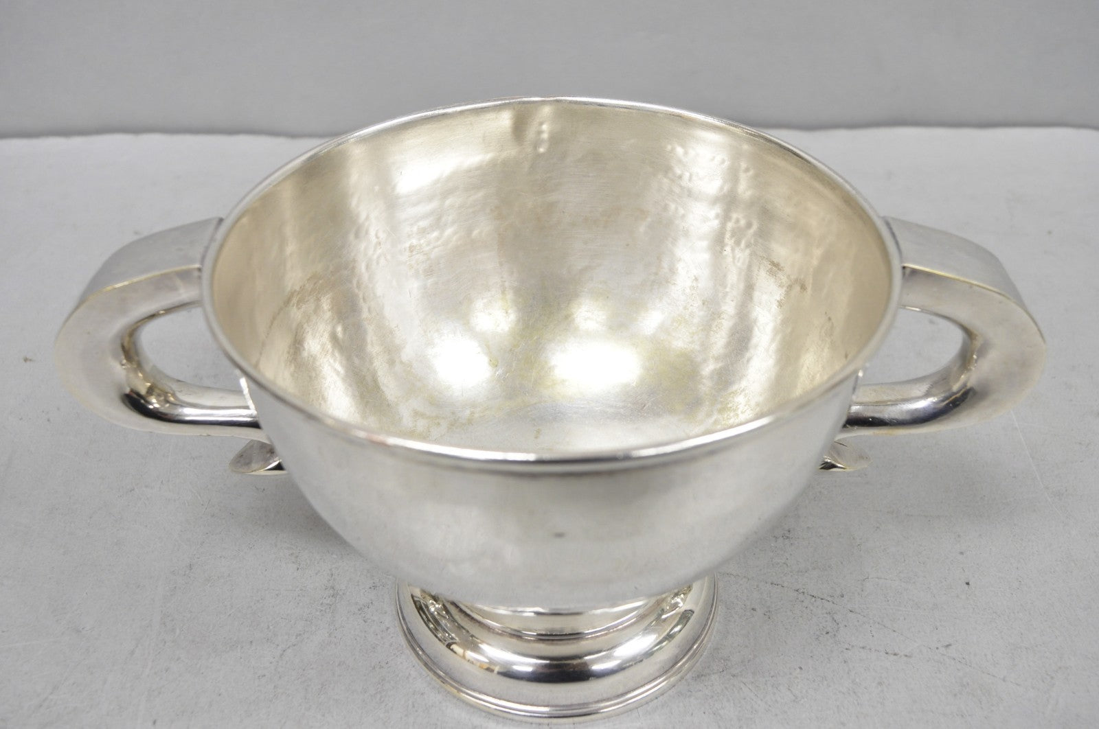 Antique Regency Silver Plated Thick Twin Handle Hand Hammered Trophy Cup Bowl