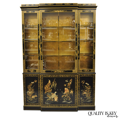Drexel Et Cetera Chinoiserie Black Lacquer Decorated Breakfront China Cabinet