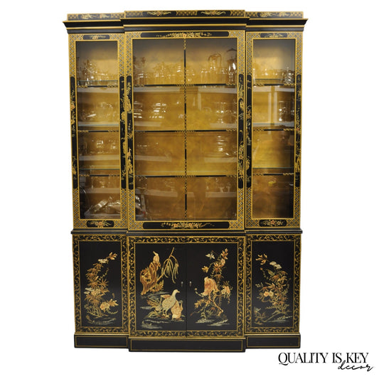 Drexel Et Cetera Chinoiserie Black Lacquer Decorated Breakfront China Cabinet