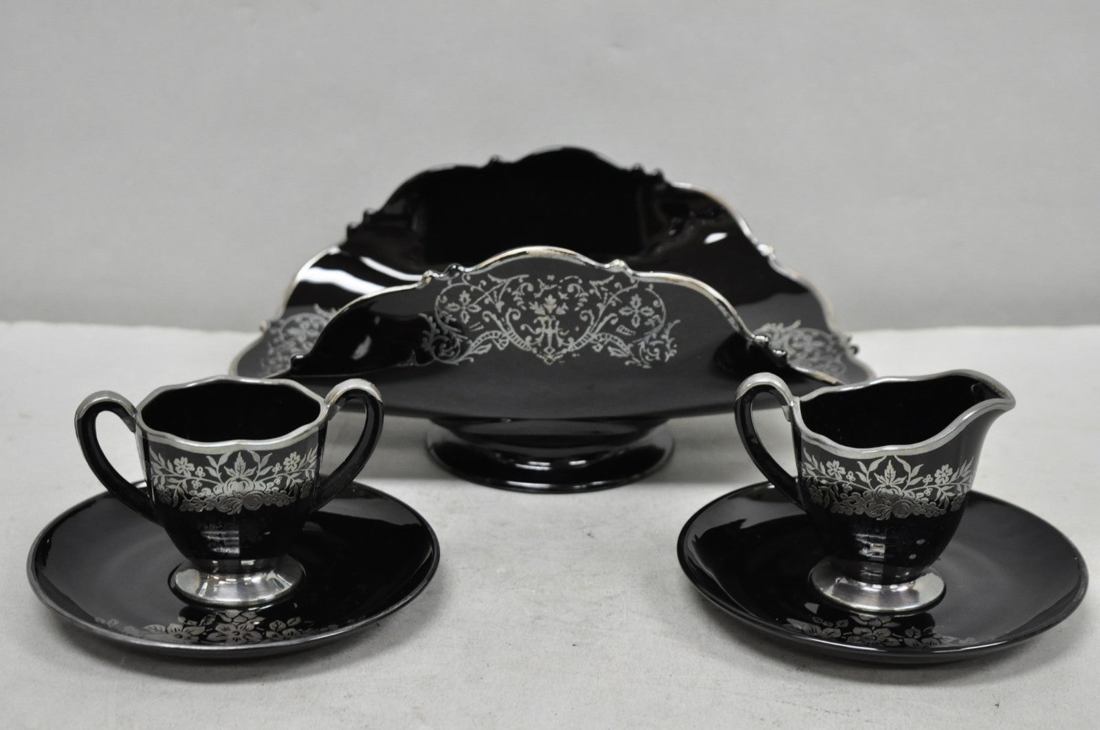 Vintage Rockwell Black Amethyst Glass Creamer Sugar Set Sterling Silver Overlay