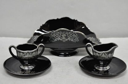 Vintage Rockwell Black Amethyst Glass Creamer Sugar Set Sterling Silver Overlay