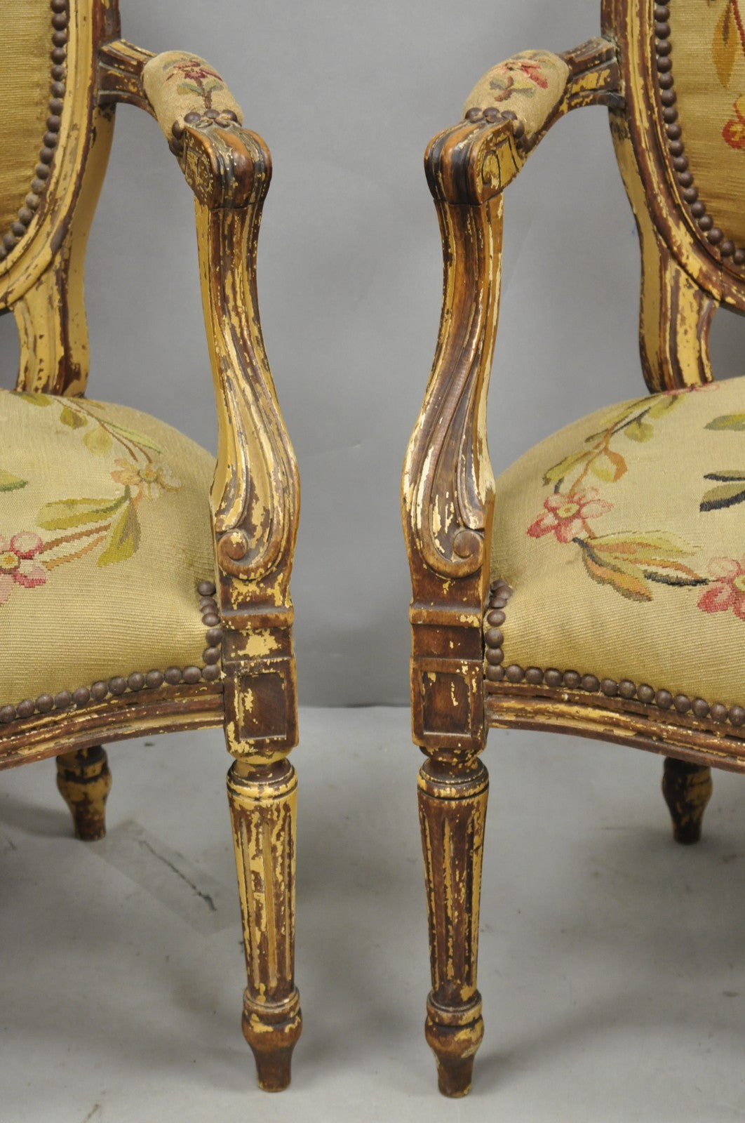 Antique French Louis XVI Style Aubusson Tapestry Fauteuil Arm Chairs - a Pair