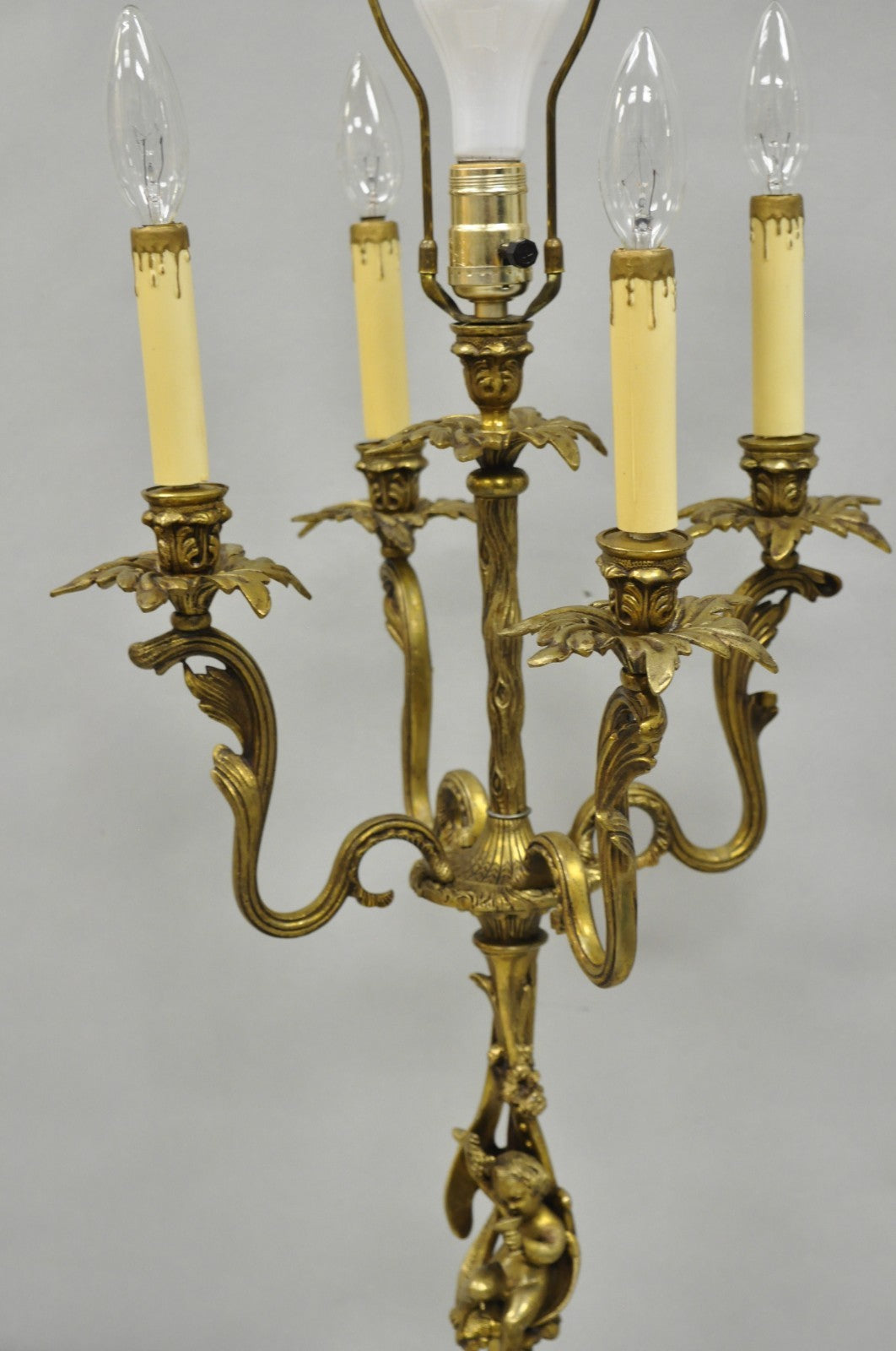 Vintage French Rococo Louis XV Brass Marble Figural Cherub Candelabra Table Lamp