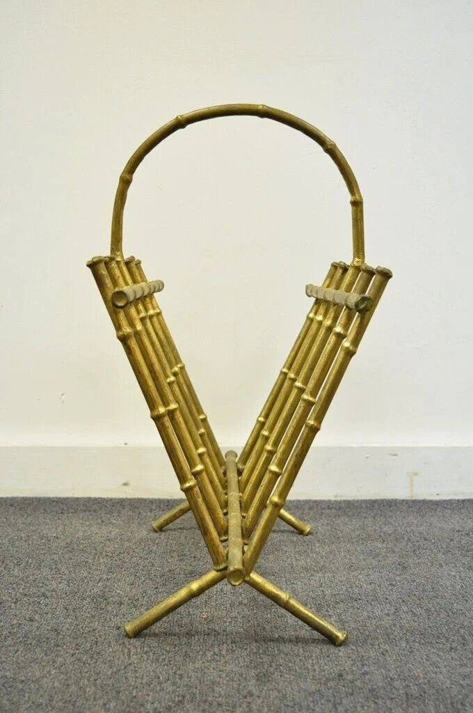 Vintage Italian Hollywood Regency Gold Gilt Metal Faux Bamboo Magazine Rack