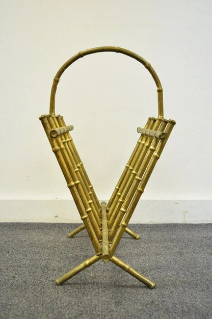 Vintage Italian Hollywood Regency Gold Gilt Metal Faux Bamboo Magazine Rack