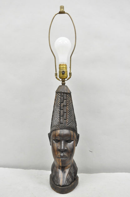 Vintage African Primitive Carved Ebony Wood Benin Bust Head Sculpture Table Lamp