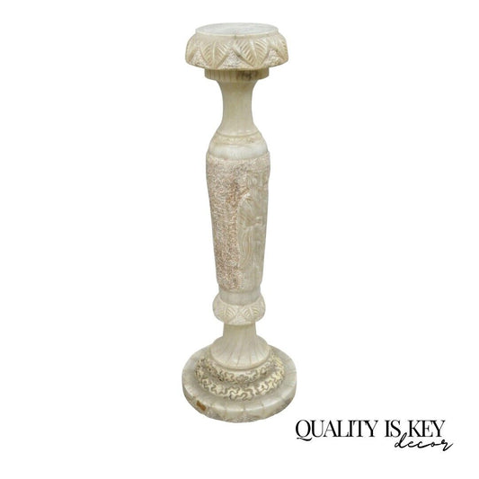 Vintage Chinese Wiseman Carved Alabaster 36" Figural Pedestal Plant Stand