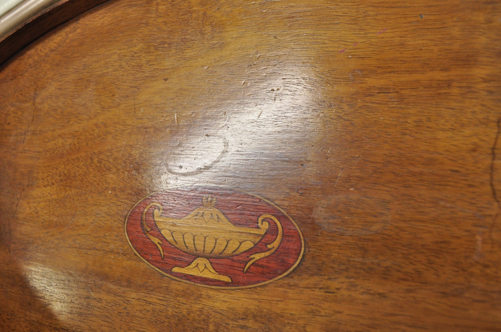 Antique English Edwardian Oval Mahogany Butlers Bar Serving Tray with Urn Inlay