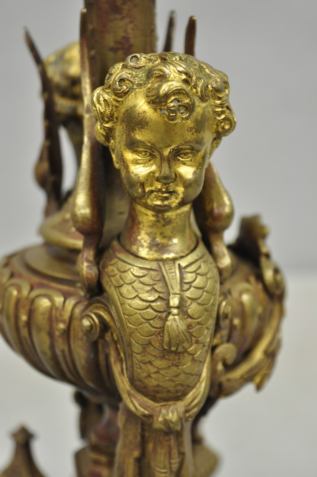 Antique French Louis XV Style Bronze Figural Winged Cherub Gold Table Lamp