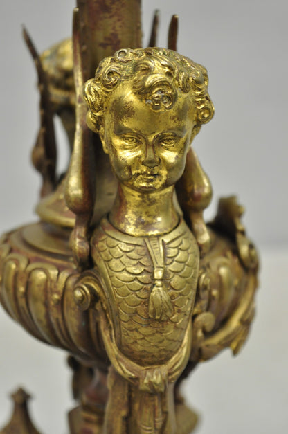 Antique French Louis XV Style Bronze Figural Winged Cherub Gold Table Lamp