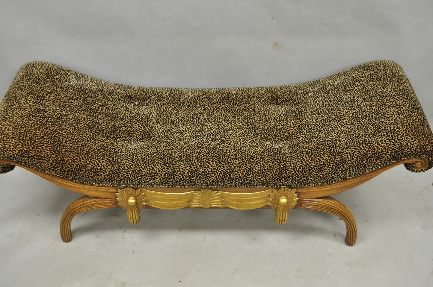 Vintage Italian Hollywood Regency Style Leopard Print Upholstered Window Bench