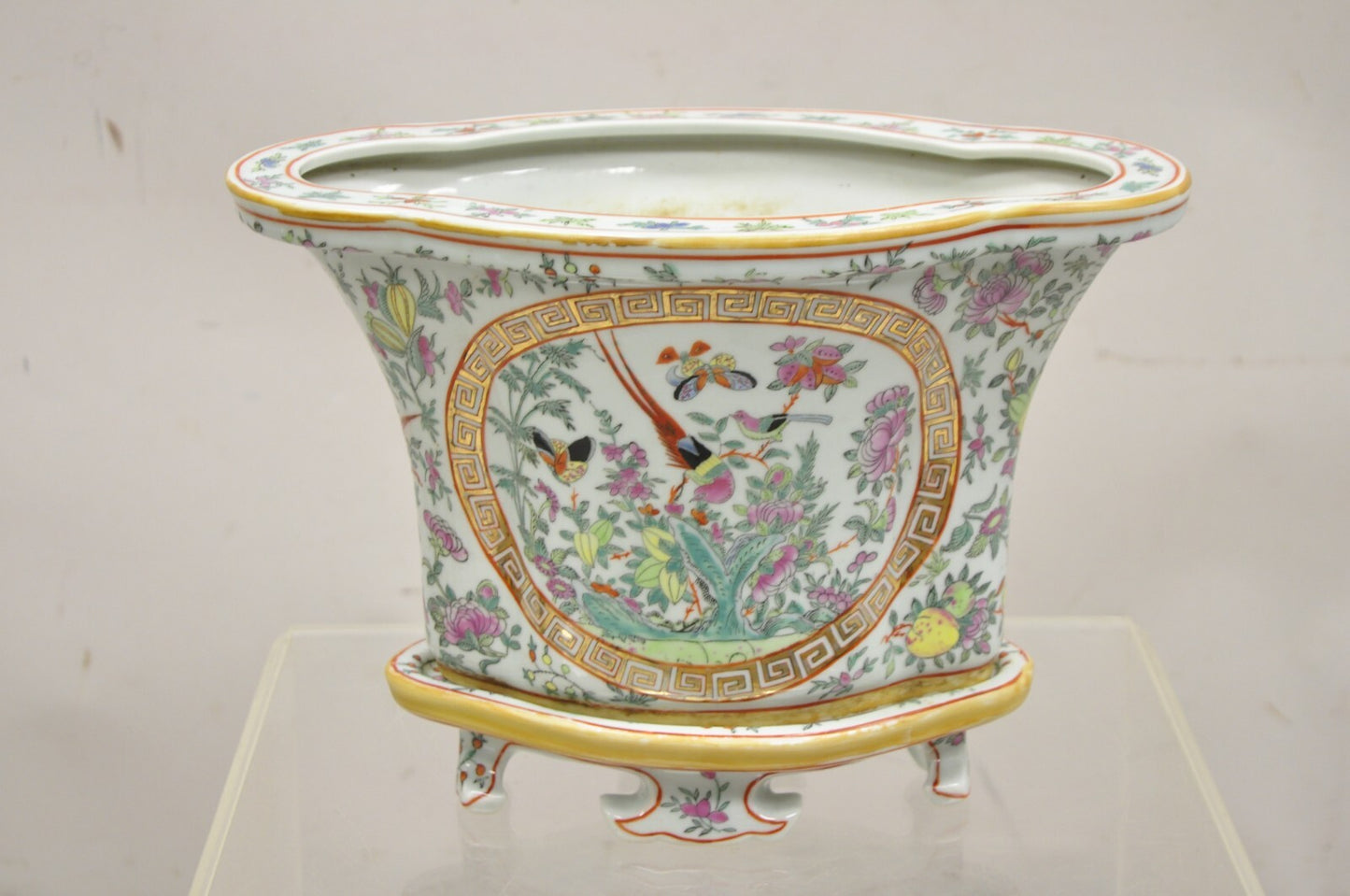 Vintage Chinese Export Porcelain Bird Painted Cachepot Flower Pot - a Pair