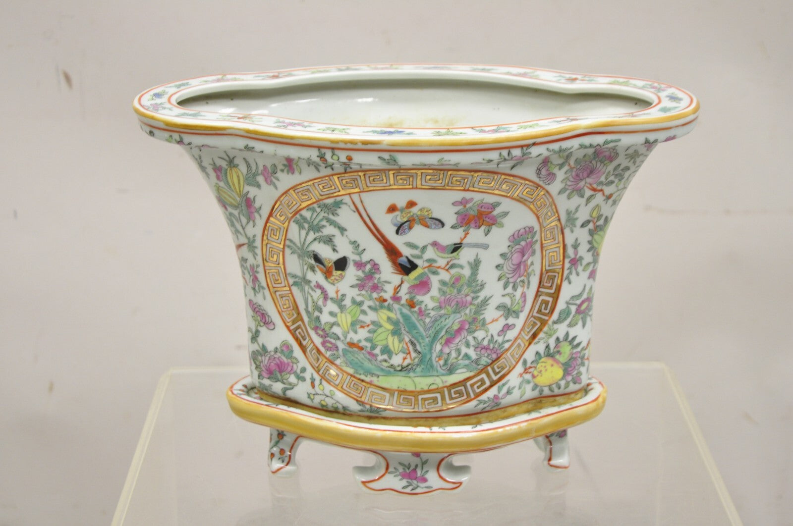 Vintage Chinese Export Porcelain Bird Painted Cachepot Flower Pot - a Pair