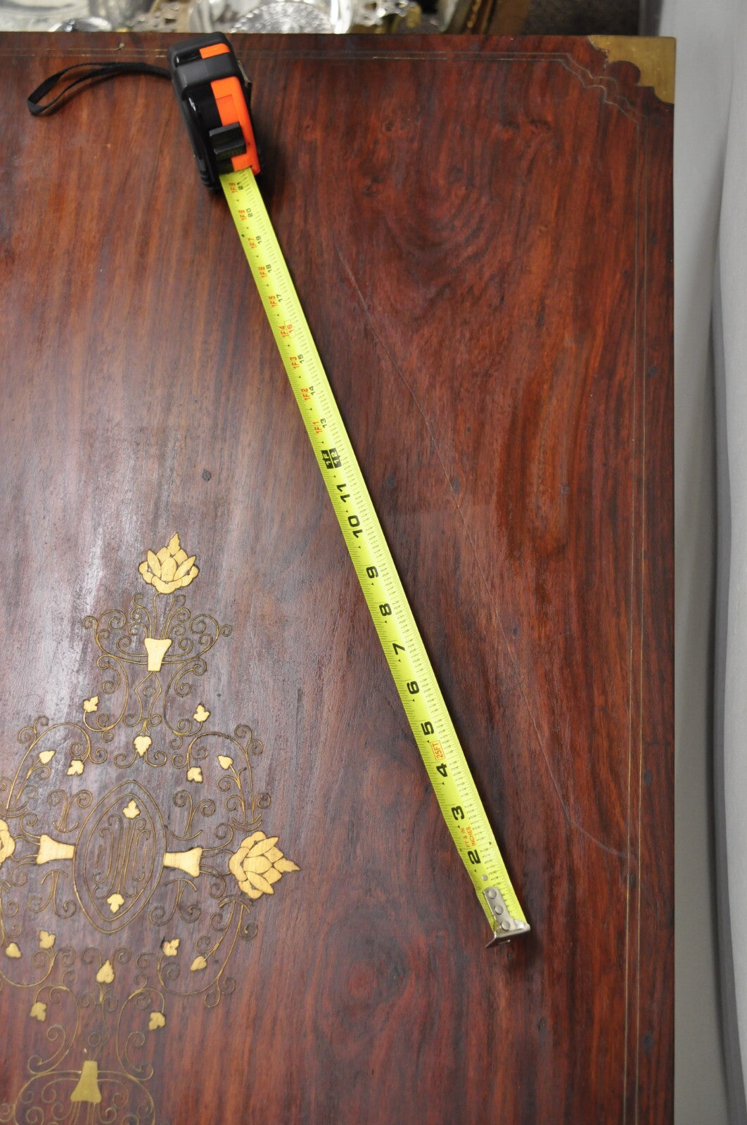 Vintage Anglo Indian Campaign Style Hardwood Curule Writing Desk w/ Brass Inlay