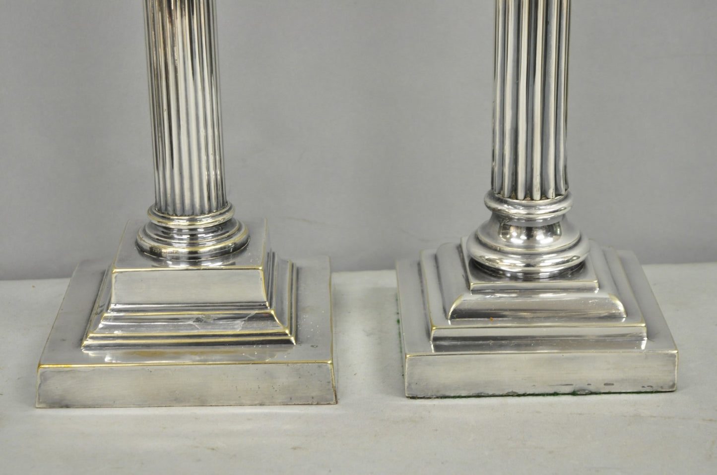 French Empire English Silver Plated Corinthian Column Table Lamp - Near Pair