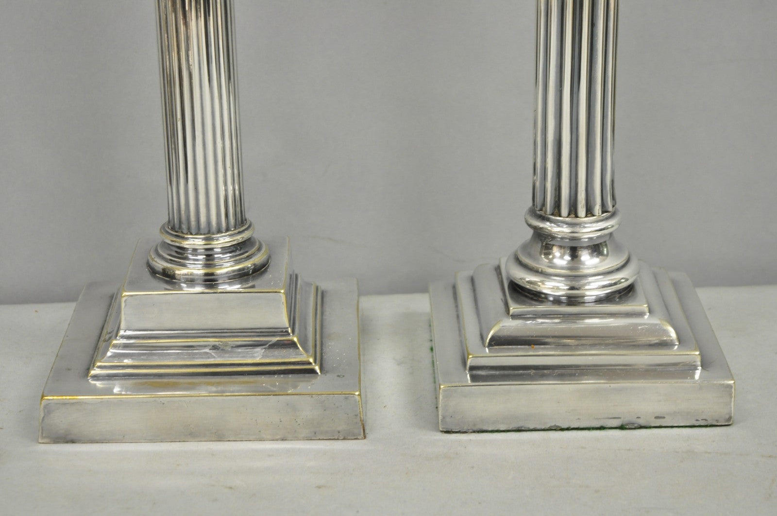French Empire English Silver Plated Corinthian Column Table Lamp - Near Pair