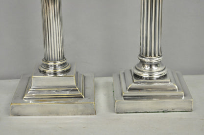 French Empire English Silver Plated Corinthian Column Table Lamp - Near Pair