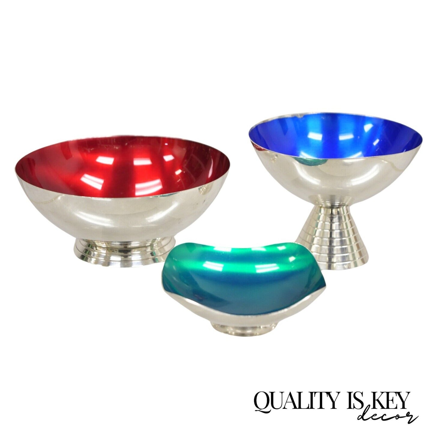 Mid Century Danish Modern Blue Green Red Silver Plated Enamel Compote - 3 Pc