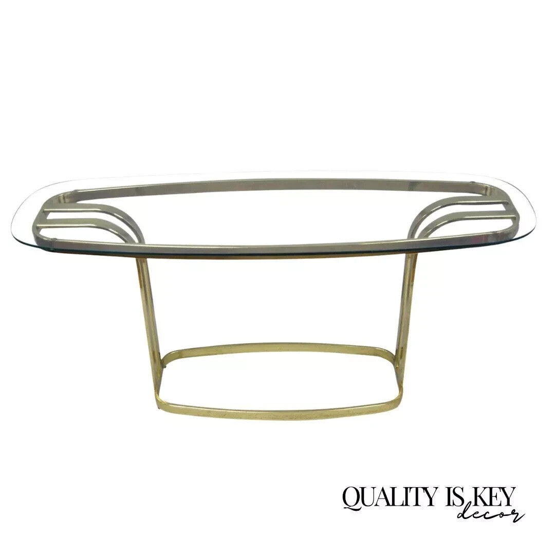 Vintage Hollywood Regency Brass & Glass Sculptural Gold Console Sofa Hall Table