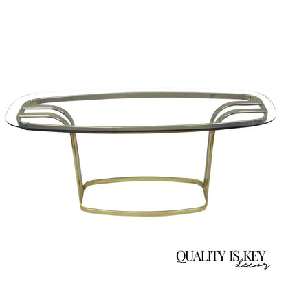 Vintage Hollywood Regency Brass & Glass Sculptural Gold Console Sofa Hall Table