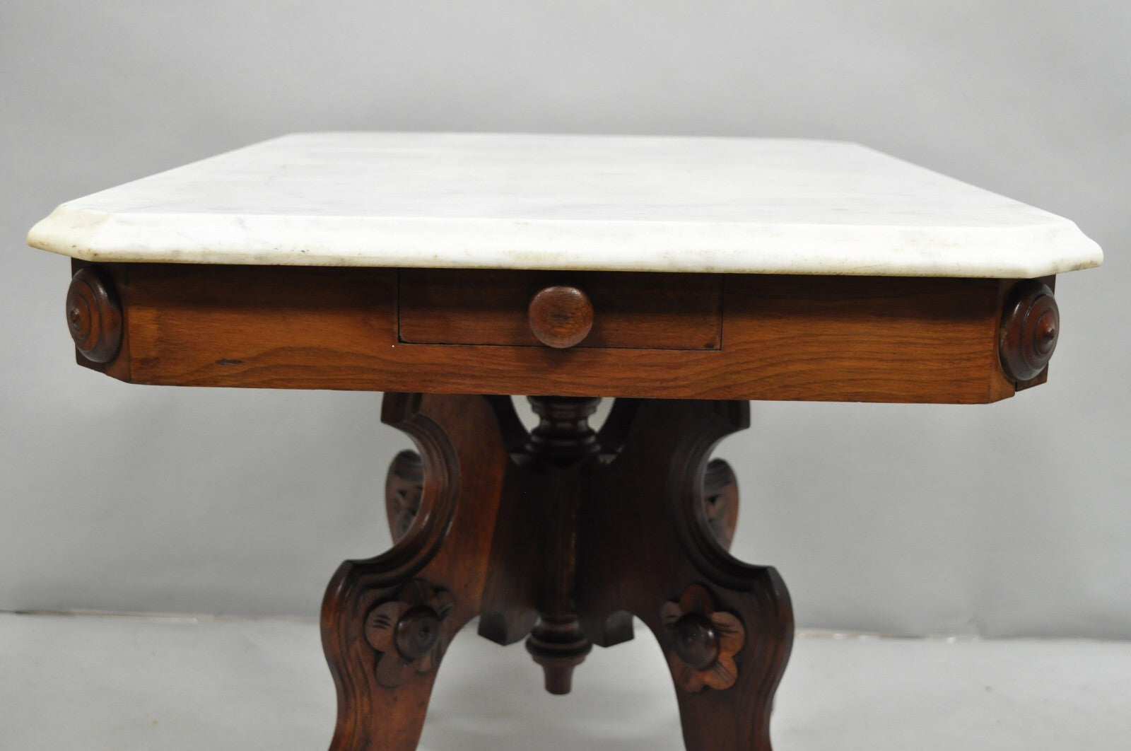 Antique Eastlake Victorian Small Marble Top Pedestal Base Coffee Table w/ Drawer