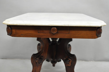 Antique Eastlake Victorian Small Marble Top Pedestal Base Coffee Table w/ Drawer