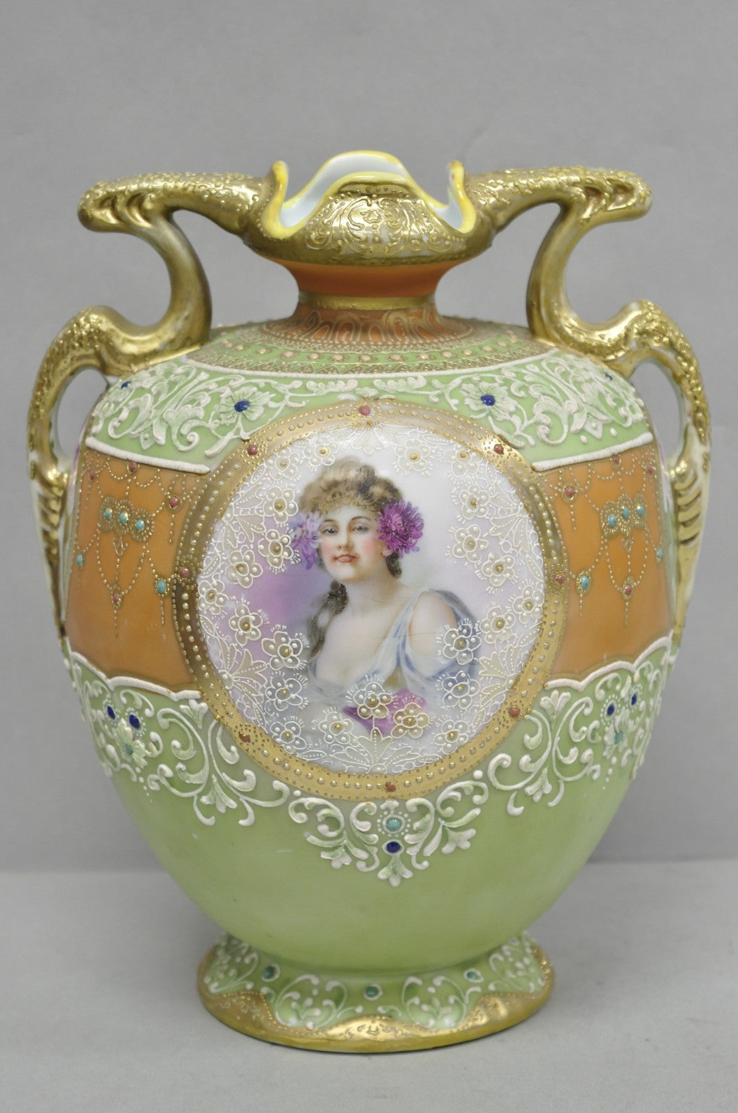 Antique Nippon Hand Painted Porcelain Green Moriage Twin Handle Portrait Vase