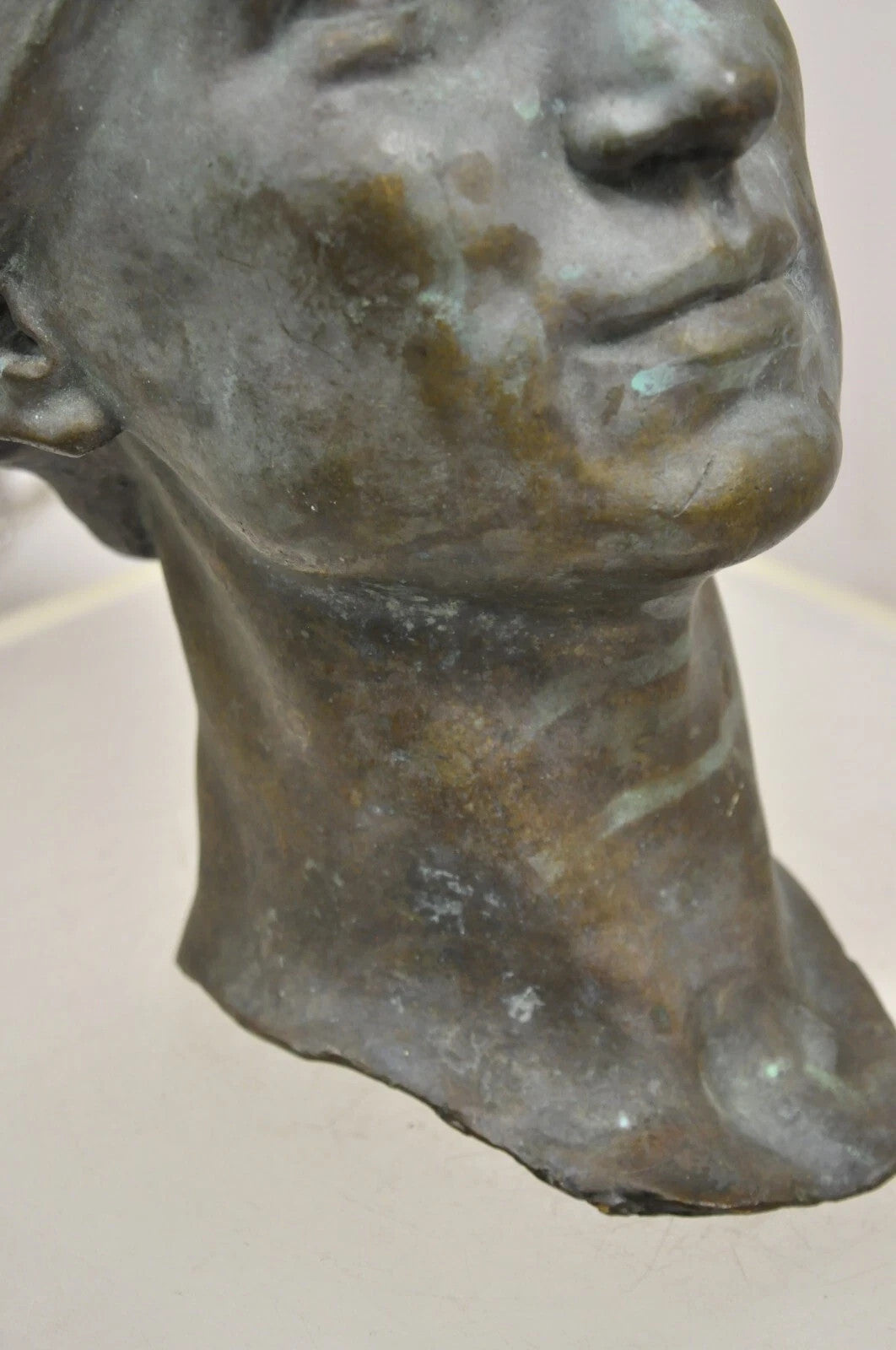 Vintage Patinated Cast Bronze Bust Statue Sculpture of Woman with Pinned Hair