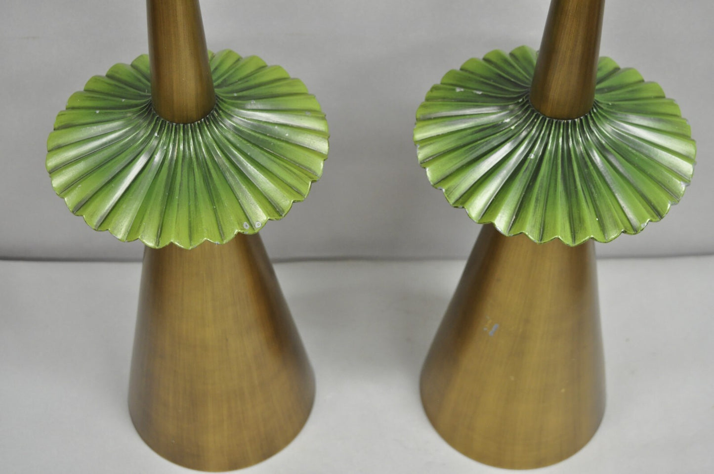 Vintage Mid Century Modern Atomic Era Green Flying Saucer Gold Table Lamp - Pair