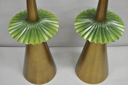 Vintage Mid Century Modern Atomic Era Green Flying Saucer Gold Table Lamp - Pair