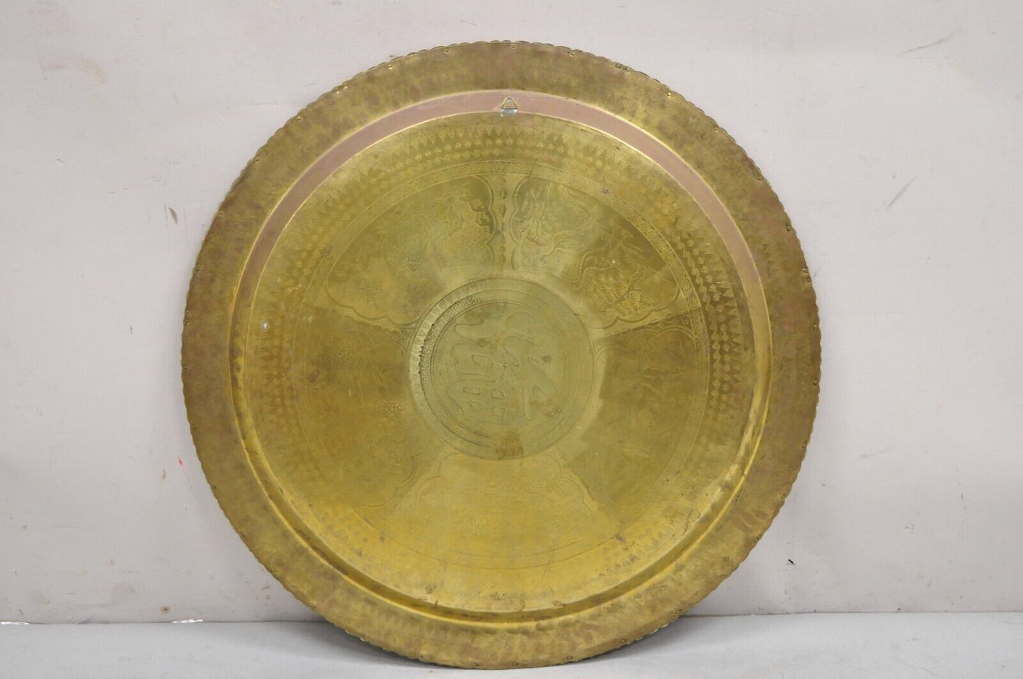 Vintage Chinese Figural Solid Brass Round Animal Engraved 30" Tray Top